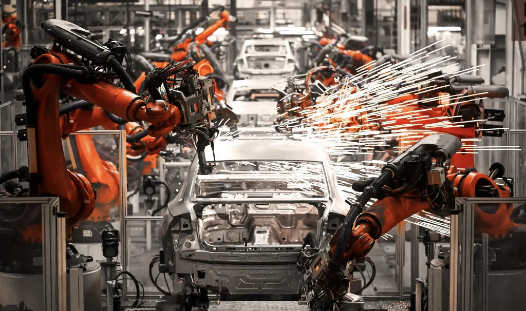 Car production line with robots